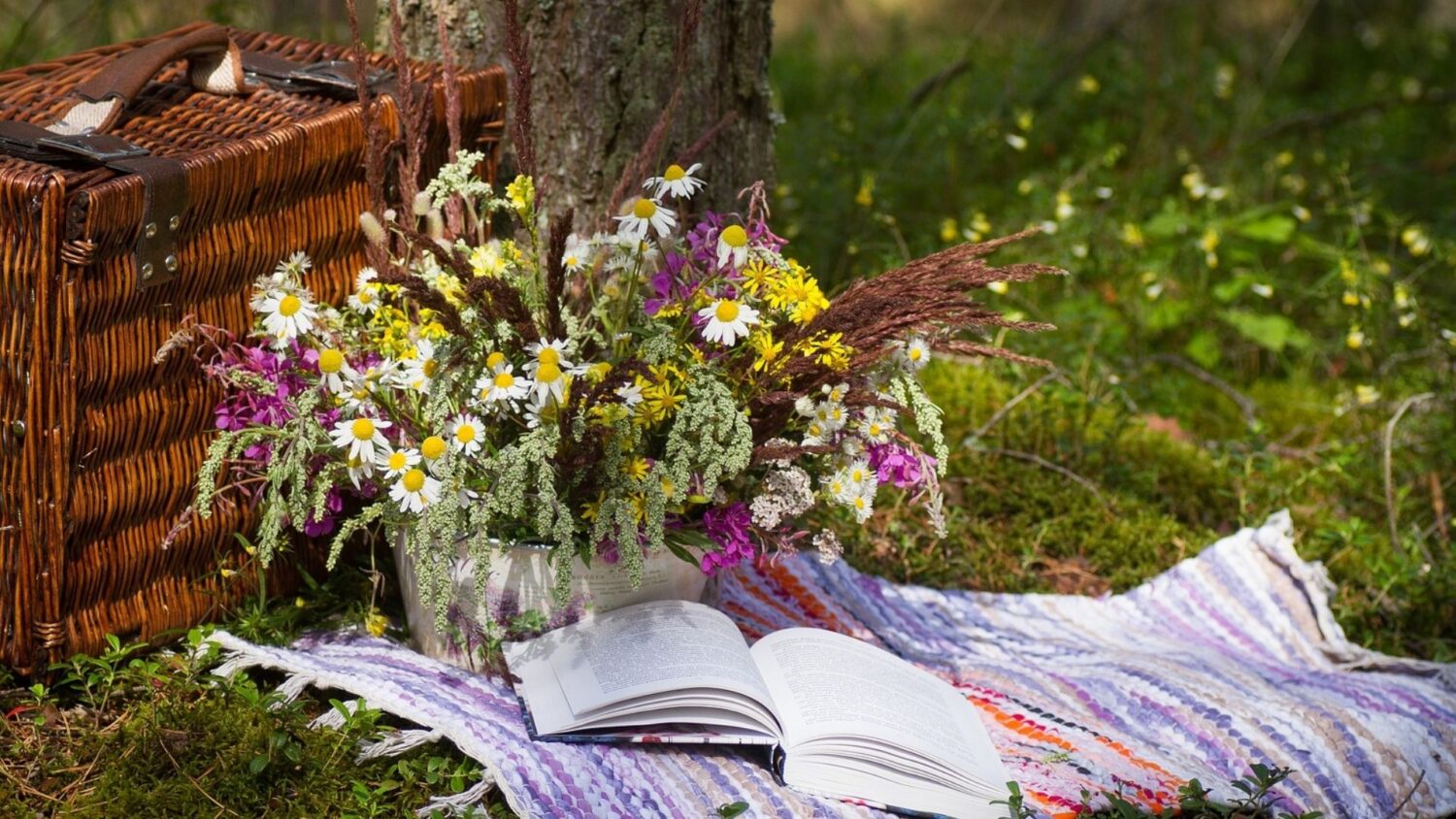 sommarkvällar picknick filt blommor sommar korg