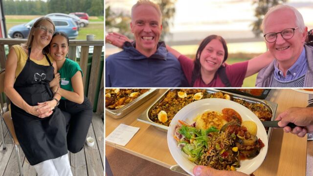 Tre bilder på människor i gemenskap och bild på ett bord med mat