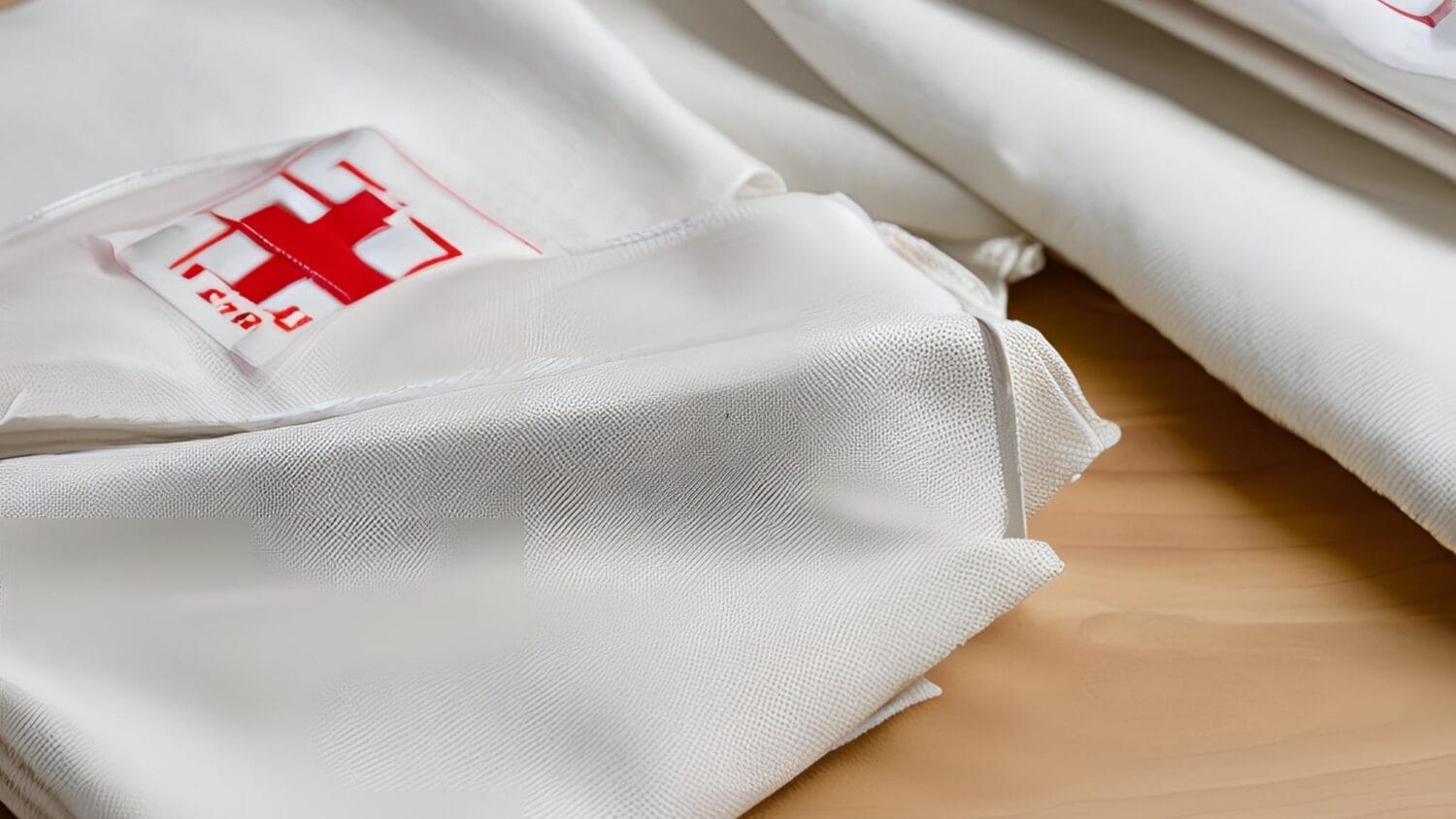 Bild på ett bord där det ligger tyg och ett förstahjälpenkor